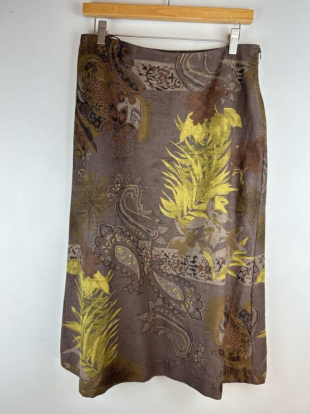 Vtg Linen Blend 90's Floral Paisley Midi Skirt Sz 6 Earthy Whimsigoth Wrap Style